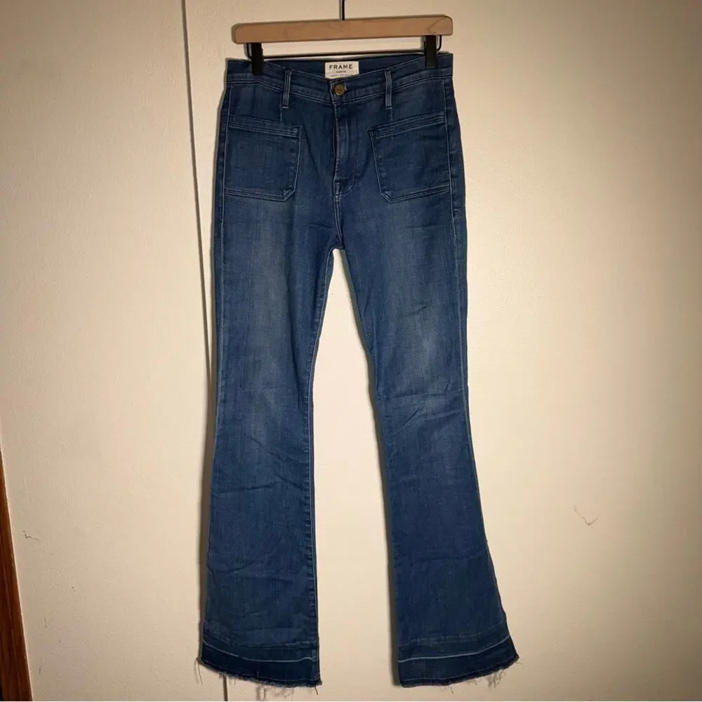FRAME 70s style designer exposed pocket raw distressed hem flare denim jeans 27